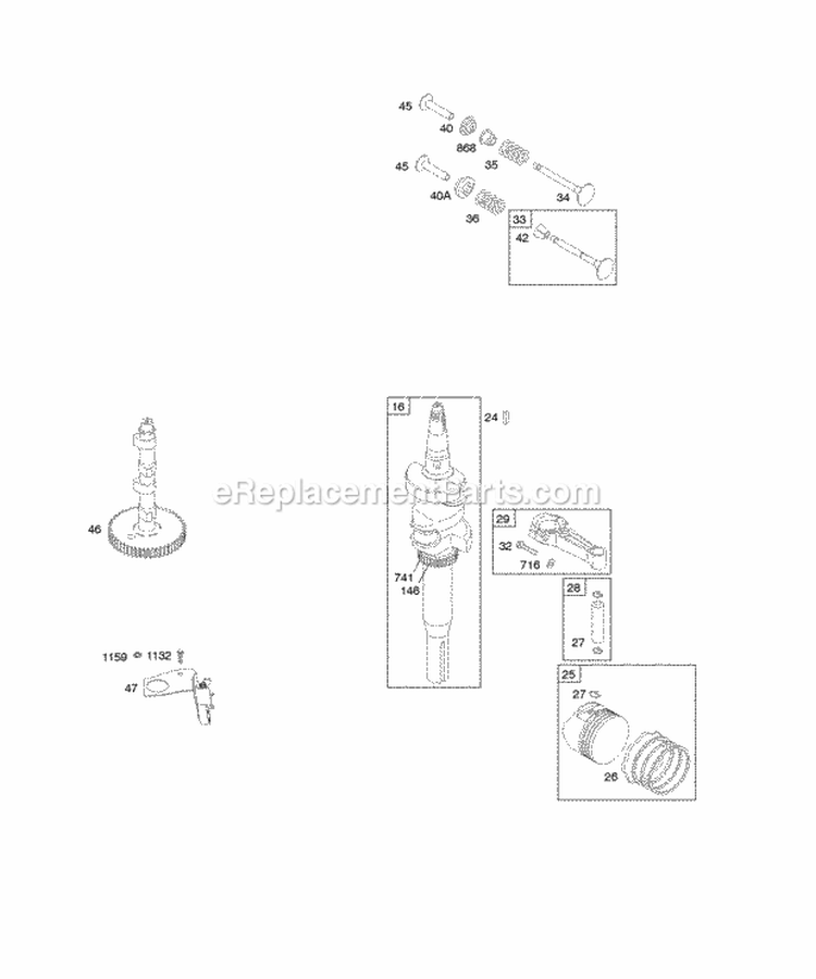 Camshaft Crankshaft PistonRingsConnecting Rods Valves Diagram and Parts List for  Briggs and Stratton Engine